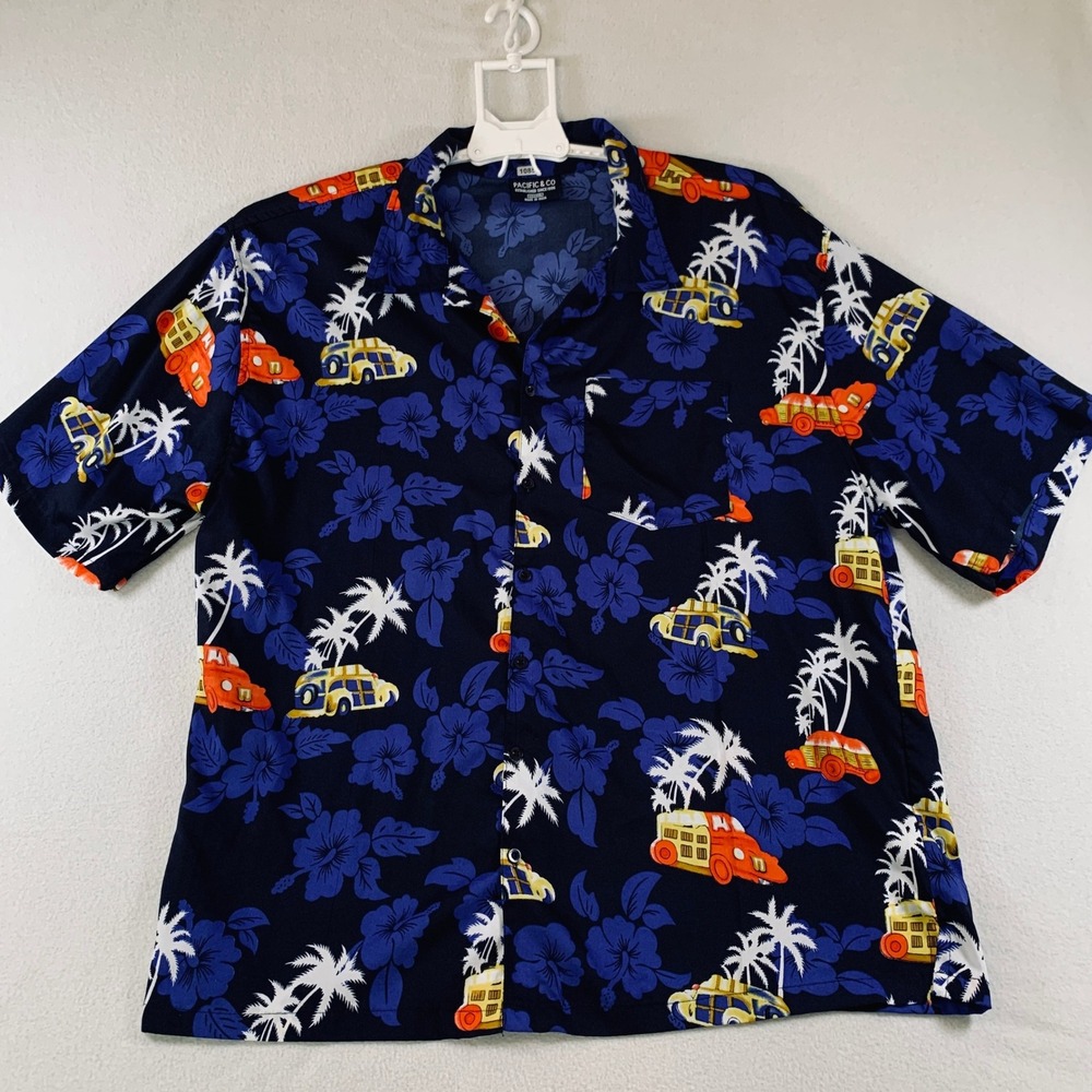 Pacific & Co Mens XXL Blue Short Sleeve Button Up Hawaiian Shirt Floral Car Tree